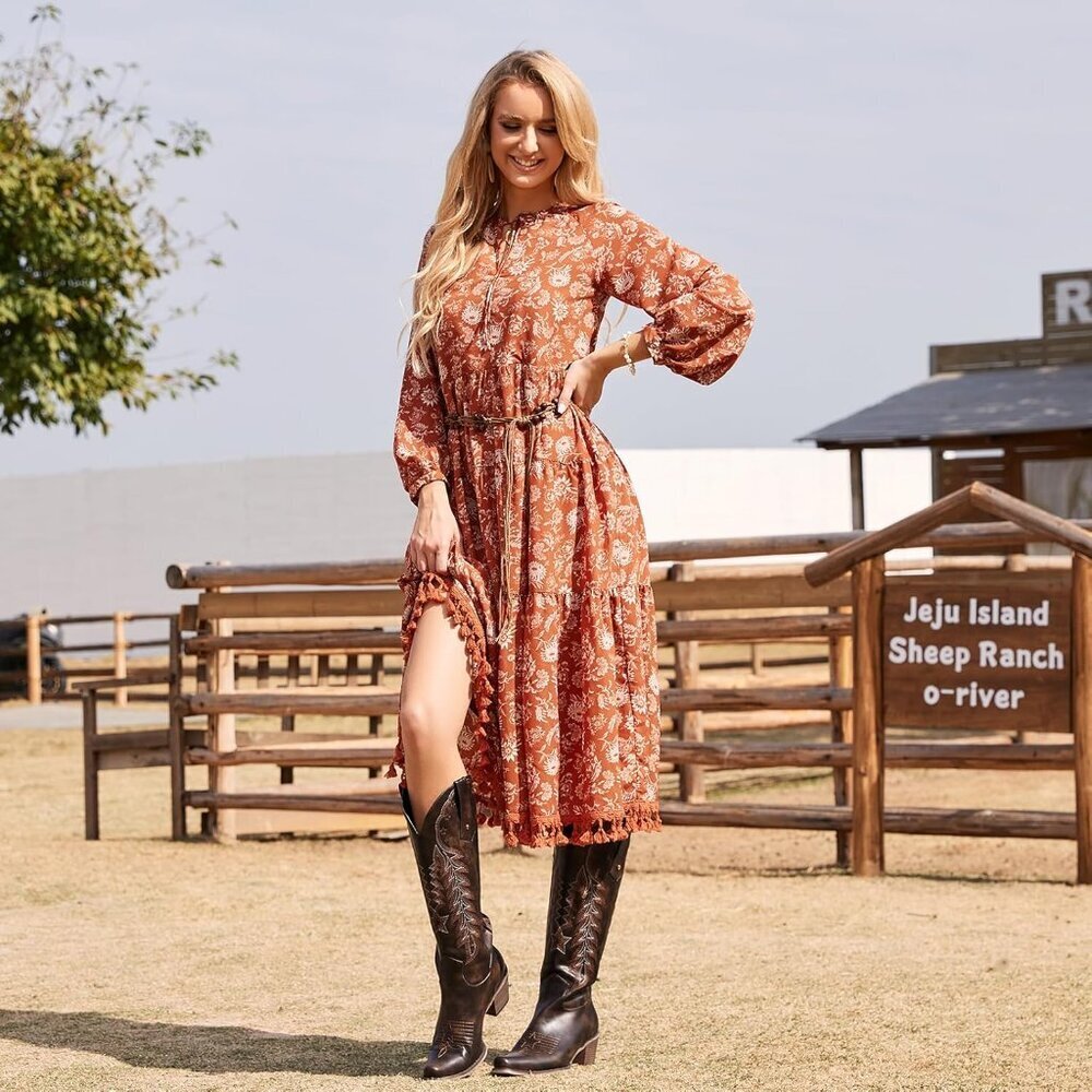 Women's Dark Brown Knee High Cowgirl Embroidered Chunky Heels Pointed Toe Boots - Picture 2 of 6